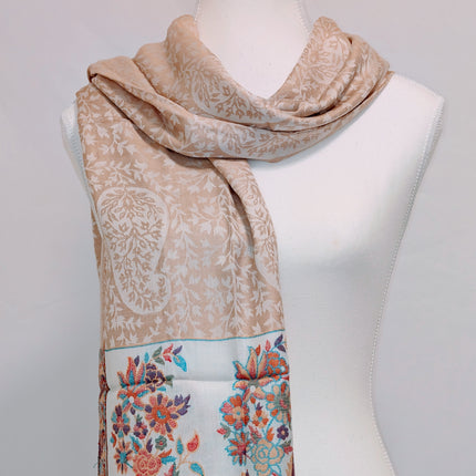 Authentic Cashmere Shawl — Almond Beige with Floral Panel Border