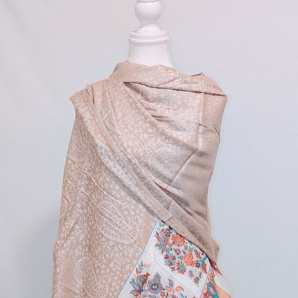Authentic Cashmere Shawl — Almond Beige with Floral Panel Border