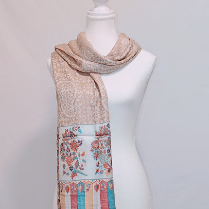 Authentic Cashmere Shawl — Almond Beige with Floral Panel Border