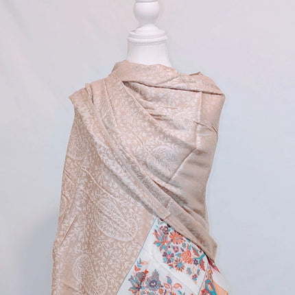 Kashmiri Cashmere Shawl - Almond Beige, Floral Border | Woven in Kashmir