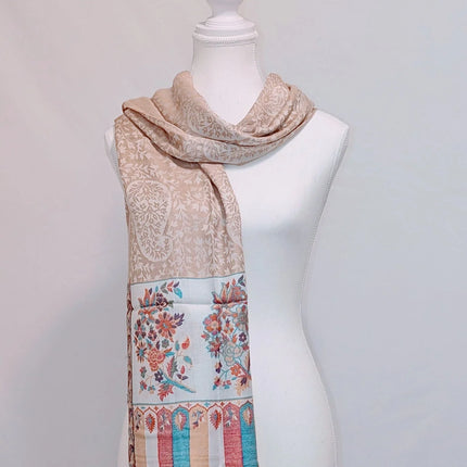 Kashmiri Cashmere Shawl - Almond Beige, Floral Border | Woven in Kashmir