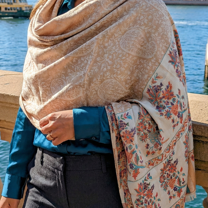 Authentic Cashmere Shawl — Almond Beige with Floral Panel Border