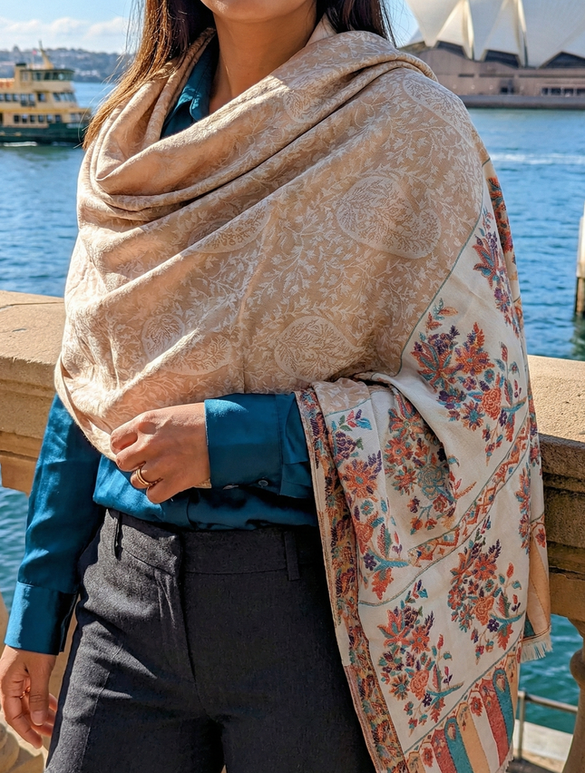 Authentic Cashmere Shawl — Almond Beige with Floral Panel Border