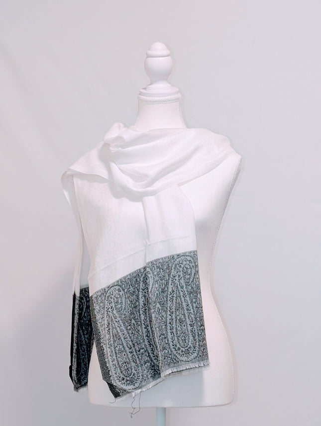 Authentic Cashmere Shawl — Ivory with Charcoal Paisley Border