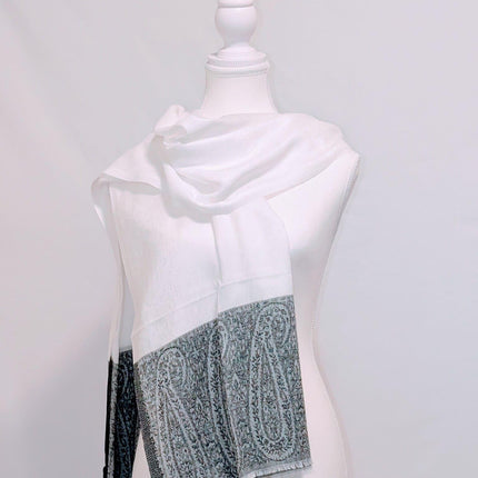 Kashmiri Cashmere Shawl - Ivory, Charcoal Paisley | Woven in Kashmir