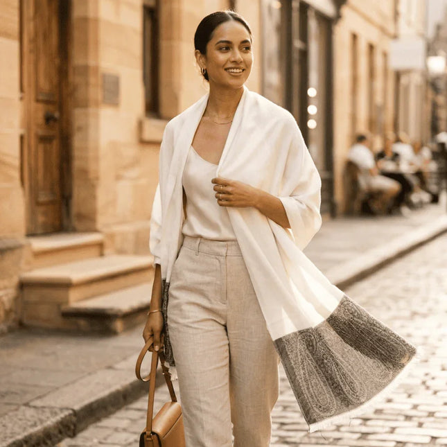 Woman walking down a street in an urban setting, wearing a white outfit with a striped shawl.