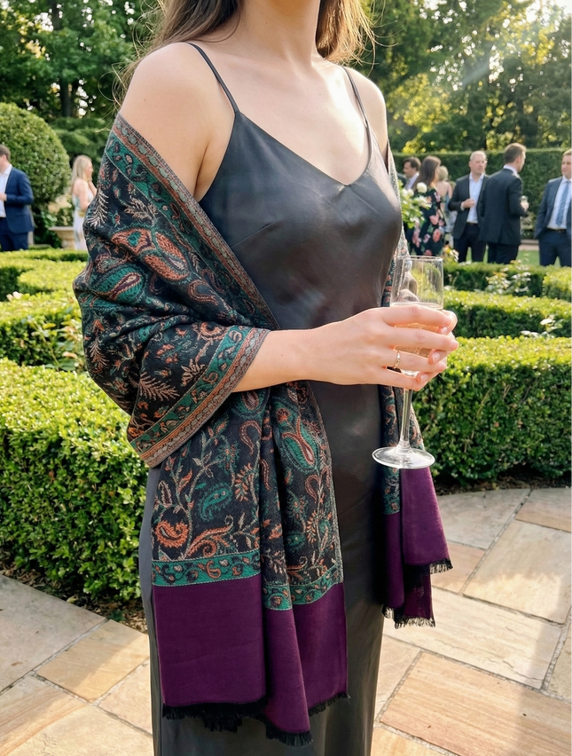 Authentic Cashmere Shawl — Midnight Black with Multicolour Paisley Work