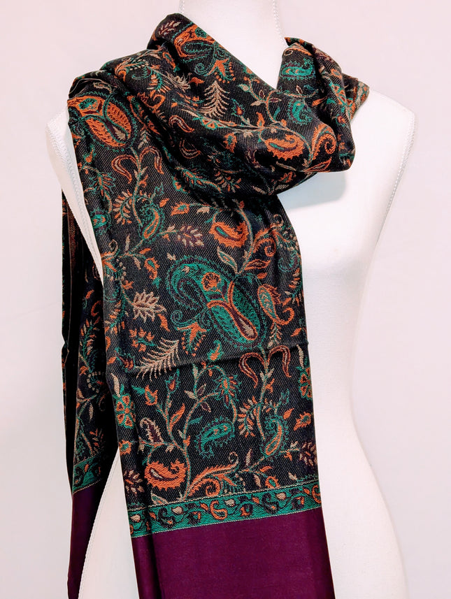 Authentic Cashmere Shawl — Midnight Black with Multicolour Paisley Work