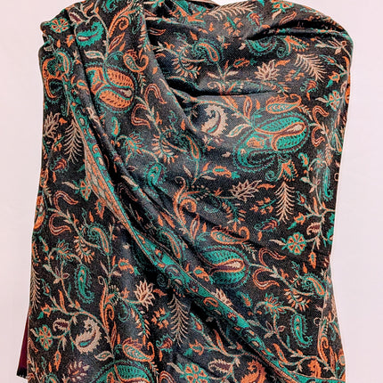 Authentic Cashmere Shawl — Midnight Black with Multicolour Paisley Work