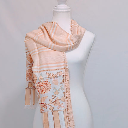 Authentic Cashmere Shawl — Soft Peach with Floral & Stripe Border