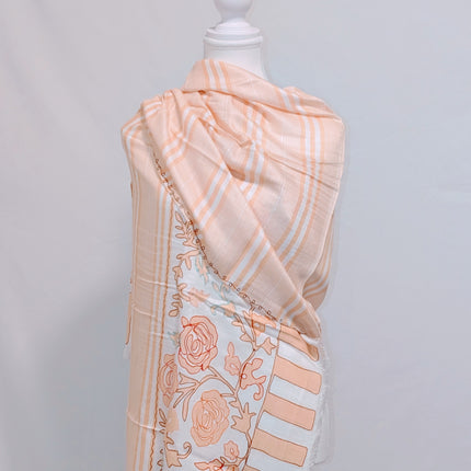 Authentic Cashmere Shawl — Soft Peach with Floral & Stripe Border