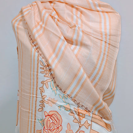 Authentic Cashmere Shawl — Soft Peach with Floral & Stripe Border