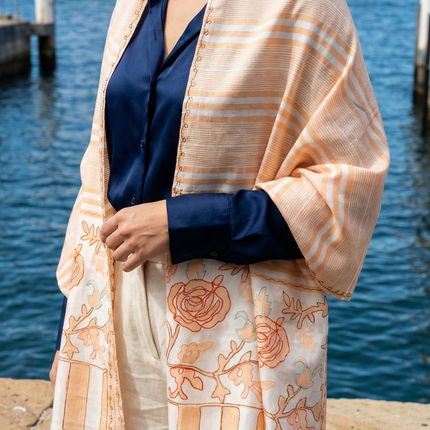 Authentic Cashmere Shawl — Soft Peach with Floral & Stripe Border