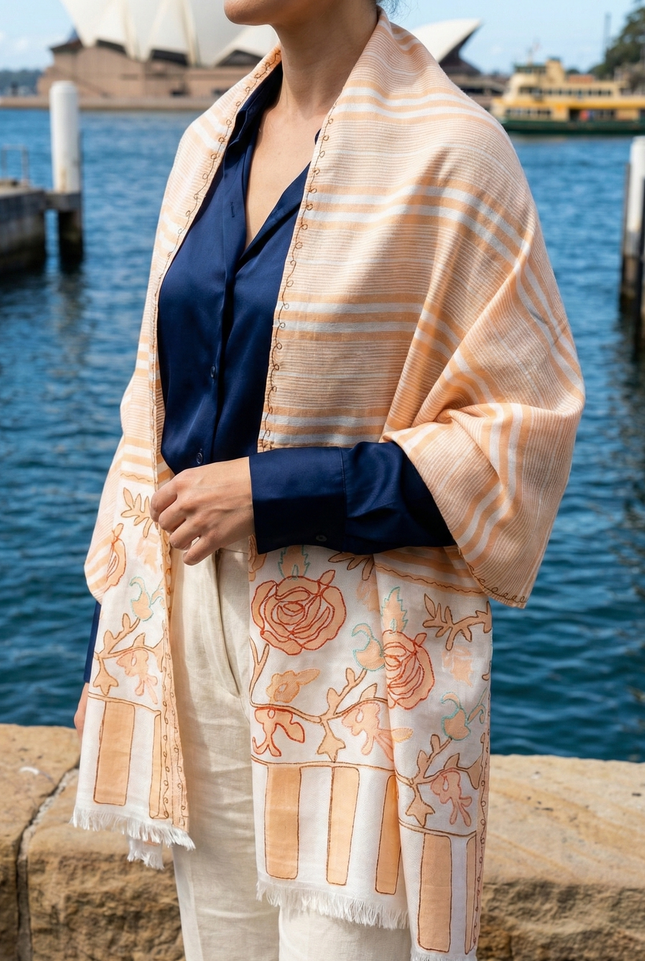 Authentic Cashmere Shawl — Soft Peach with Floral & Stripe Border