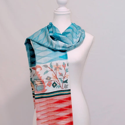 Authentic Cashmere Shawl — Sky Blue Diamond with Red Floral Border