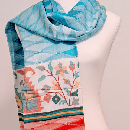 Authentic Cashmere Shawl — Sky Blue Diamond with Red Floral Border