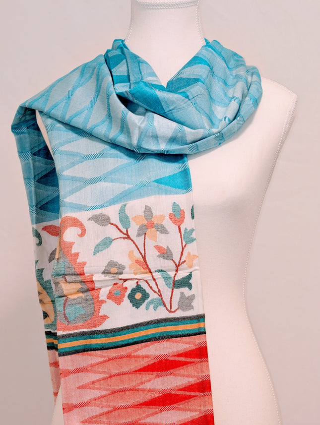 Authentic Cashmere Shawl — Sky Blue Diamond with Red Floral Border