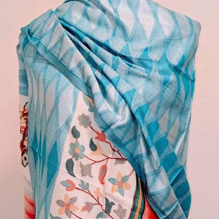 Authentic Cashmere Shawl — Sky Blue Diamond with Red Floral Border