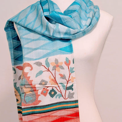 Kashmiri Cashmere Shawl - Sky Blue, Red Floral Border | Woven in Kashmir