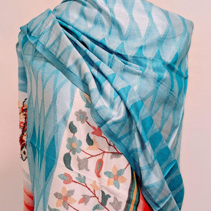 Kashmiri Cashmere Shawl - Sky Blue, Red Floral Border | Woven in Kashmir