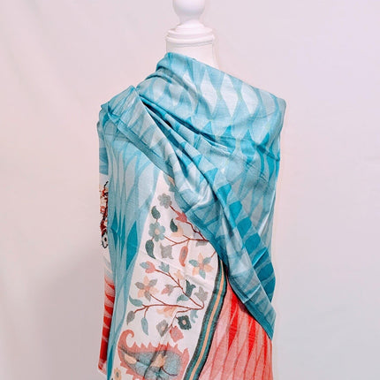 Kashmiri Cashmere Shawl - Sky Blue, Red Floral Border | Woven in Kashmir