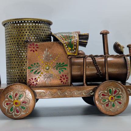 Exquisite Hand-Painted Metal Pen Stand - Steam Engine — Handmade Indian Artisanal