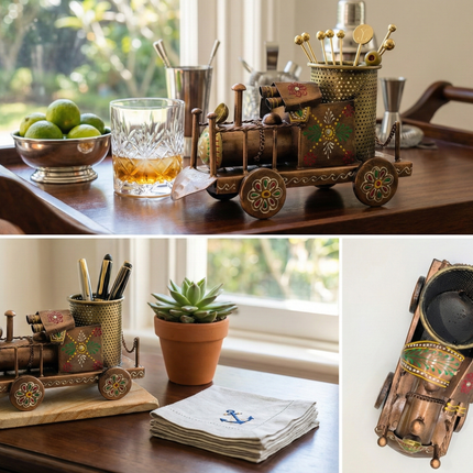 Exquisite Hand-Painted Metal Pen Stand - Steam Engine — Handmade Indian Artisanal