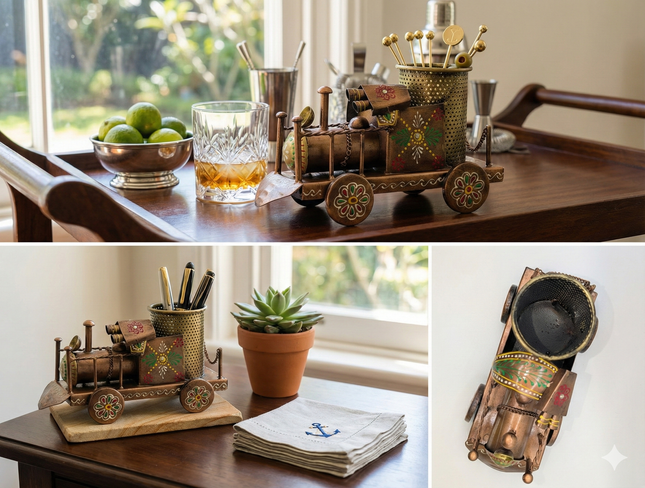 Exquisite Hand-Painted Metal Pen Stand - Steam Engine — Handmade Indian Artisanal