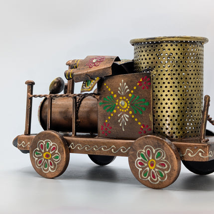Exquisite Hand-Painted Metal Pen Stand - Steam Engine — Handmade Indian Artisanal