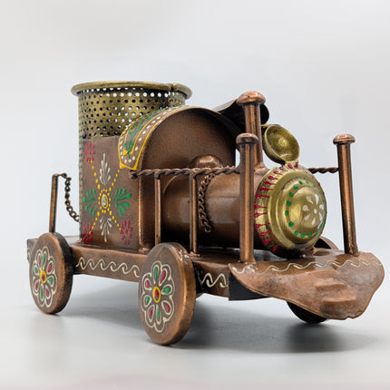 Exquisite Hand-Painted Metal Pen Stand - Steam Engine — Handmade Indian Artisanal