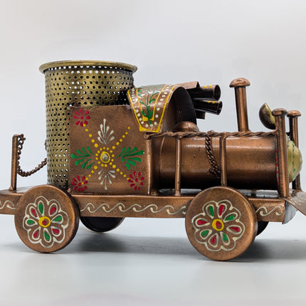 Exquisite Hand-Painted Metal Pen Stand - Steam Engine — Handmade Indian Artisanal