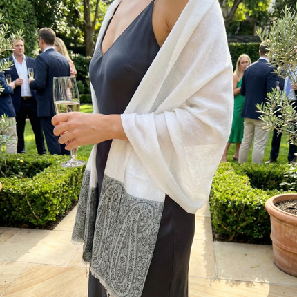 Authentic Cashmere Shawl — Ivory with Charcoal Paisley Border