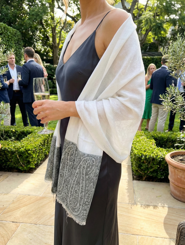 Authentic Cashmere Shawl — Ivory with Charcoal Paisley Border