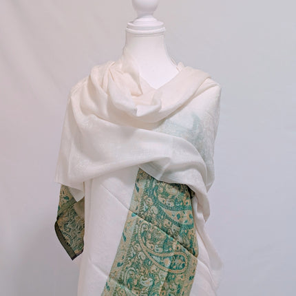 Authentic Pure Pashmina Stole — Ivory with Sage Woven Border