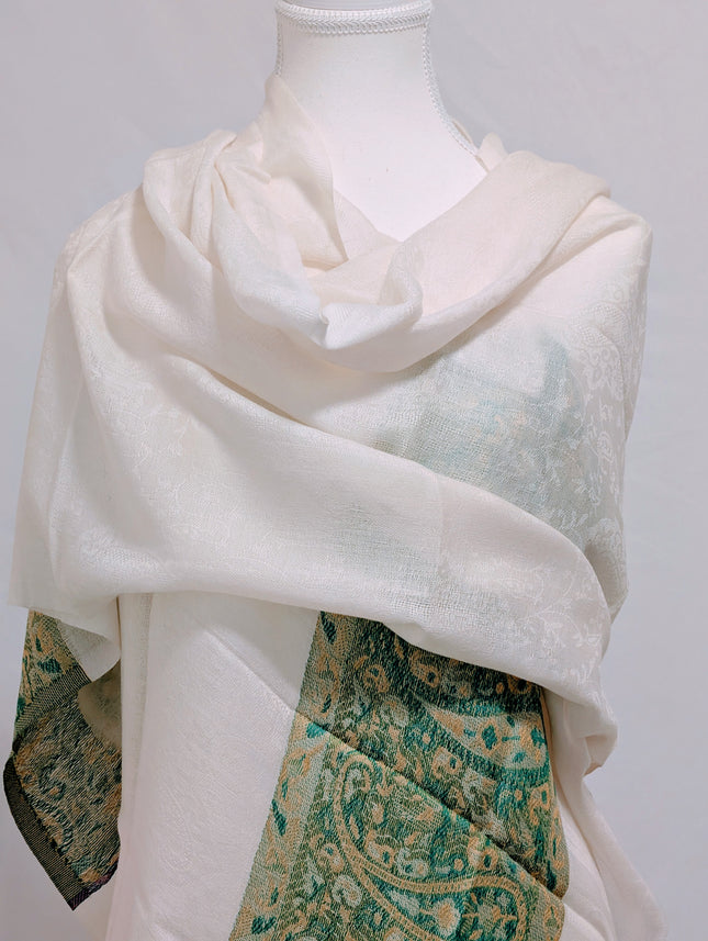 Authentic Pure Pashmina Stole — Ivory with Sage Woven Border