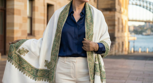 Authentic Pure Pashmina Stole — Ivory with Sage Woven Border