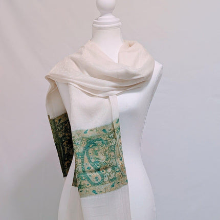 Pure Kashmiri Pashmina Stole - Ivory with Sage Border | 100% Pashmina