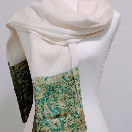 Pure Kashmiri Pashmina Stole - Ivory with Sage Border | 100% Pashmina