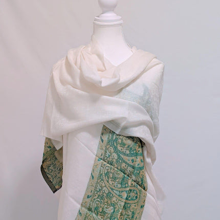 Pure Kashmiri Pashmina Stole - Ivory with Sage Border | 100% Pashmina