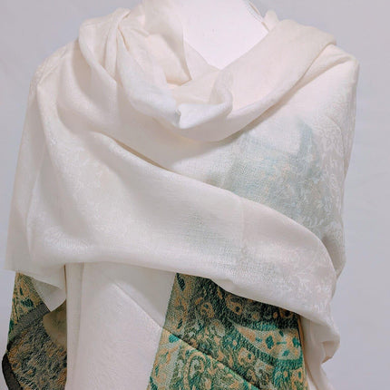 Pure Kashmiri Pashmina Stole - Ivory with Sage Border | 100% Pashmina