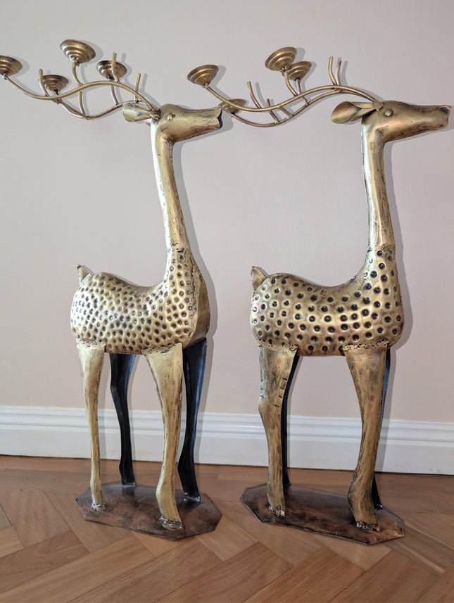 Pair of Deer Sculptures (upright) with tealight holders on Antlers - Handcrafted Indian Home Decor