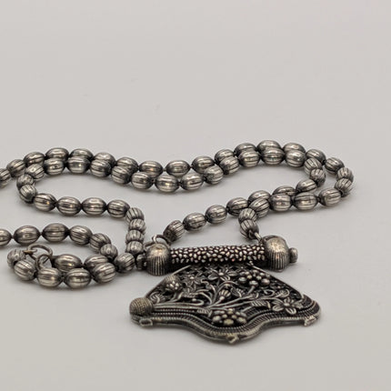 Floral Bouquet Pendant Necklace on Oxidised Bead Chain – Open Lattice, Indian Artisanal