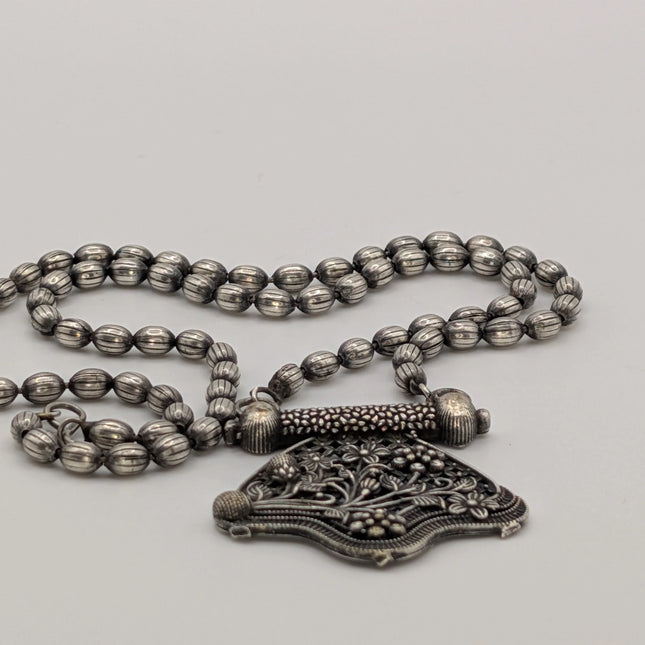 Floral Bouquet Pendant Necklace on Oxidised Bead Chain – Open Lattice, Indian Artisanal
