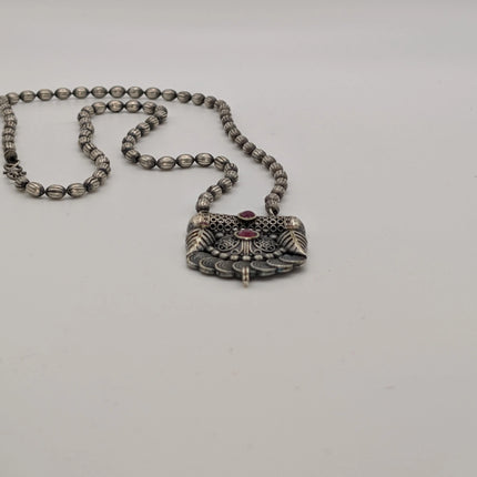 Ruby Stone Temple Pendant Necklace on Oxidised Bead Chain – Indian Artisanal