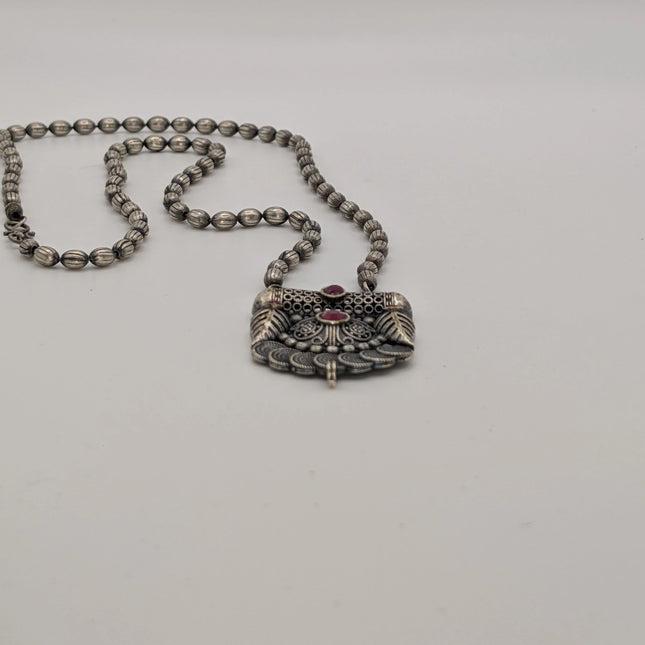 Ruby Stone Temple Pendant Necklace on Oxidised Bead Chain – Indian Artisanal