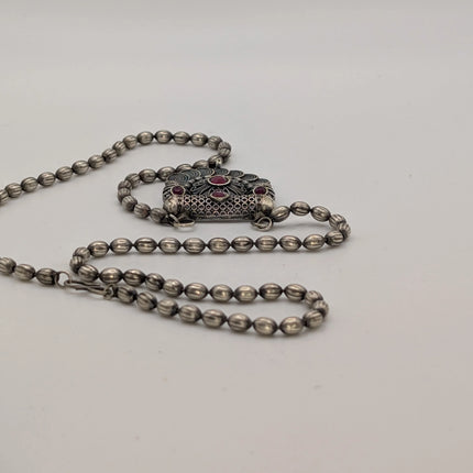 Ruby Stone Temple Pendant Necklace on Oxidised Bead Chain – Indian Artisanal