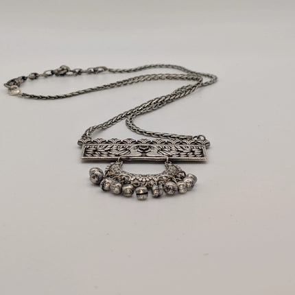 Peacock and Crescent Pendant Necklace in Oxidised German Silver – Green Stone, Artisanal
