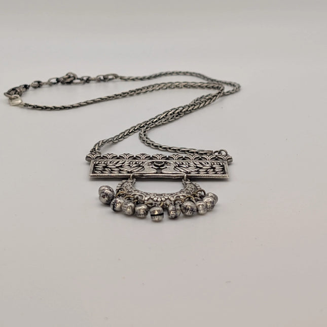 Peacock and Crescent Pendant Necklace in Oxidised German Silver – Green Stone, Artisanal