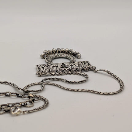 Peacock and Crescent Pendant Necklace in Oxidised German Silver – Green Stone, Artisanal