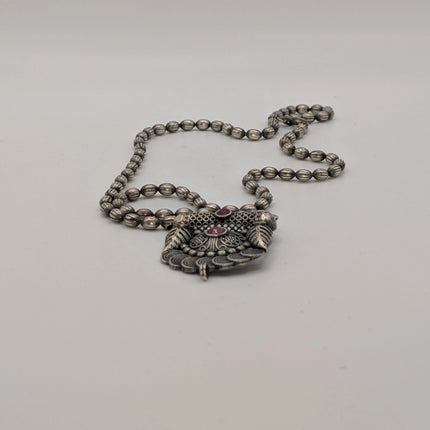 Ruby Stone Temple Pendant Necklace on Oxidised Bead Chain – Indian Artisanal